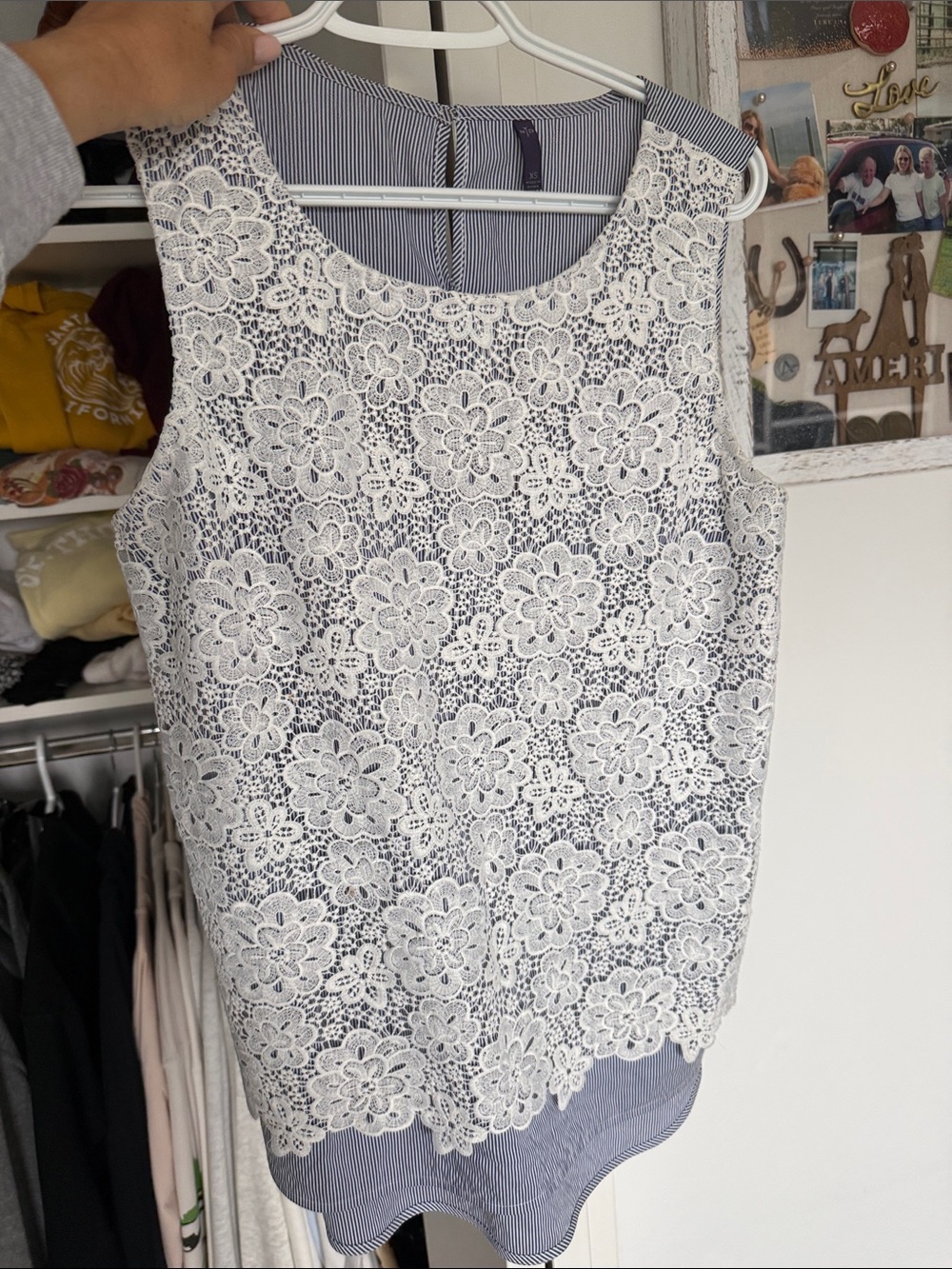NYDJ White Crochet Floral Lace Camisole with Blue-Striped Lining